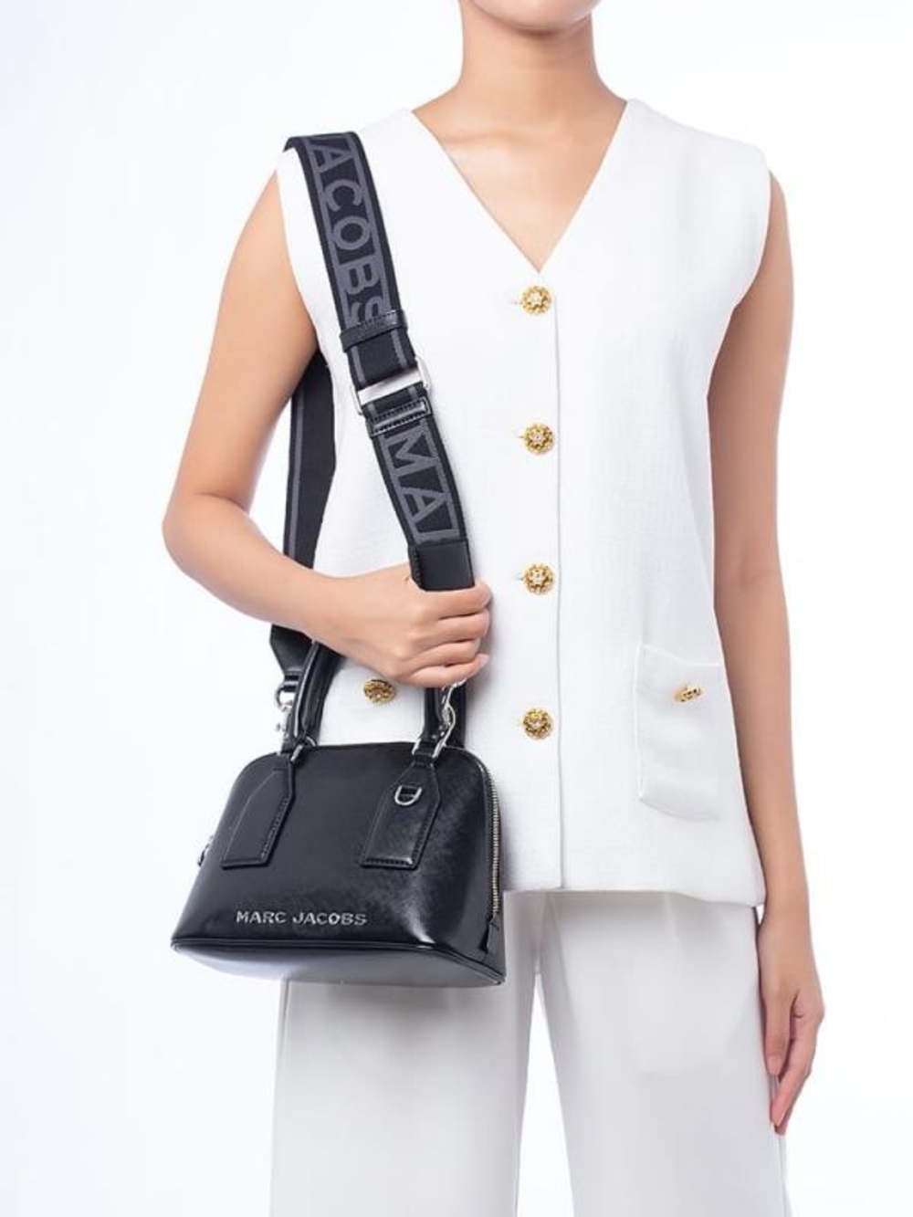 Marc Jacobs Black Leather Dome Satchel with Webbing Strap - Picture 9 of 9